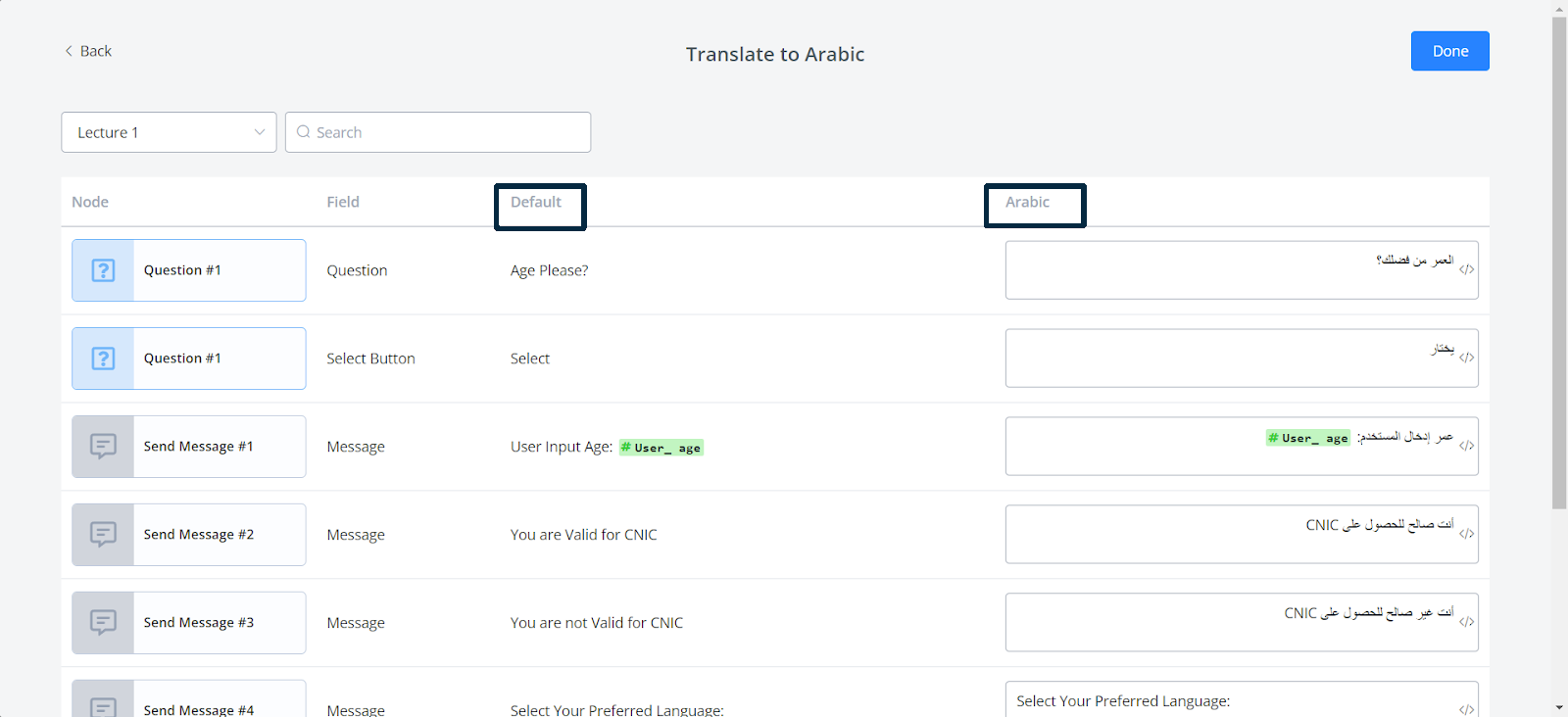 Traducción de cada nodo del flujo