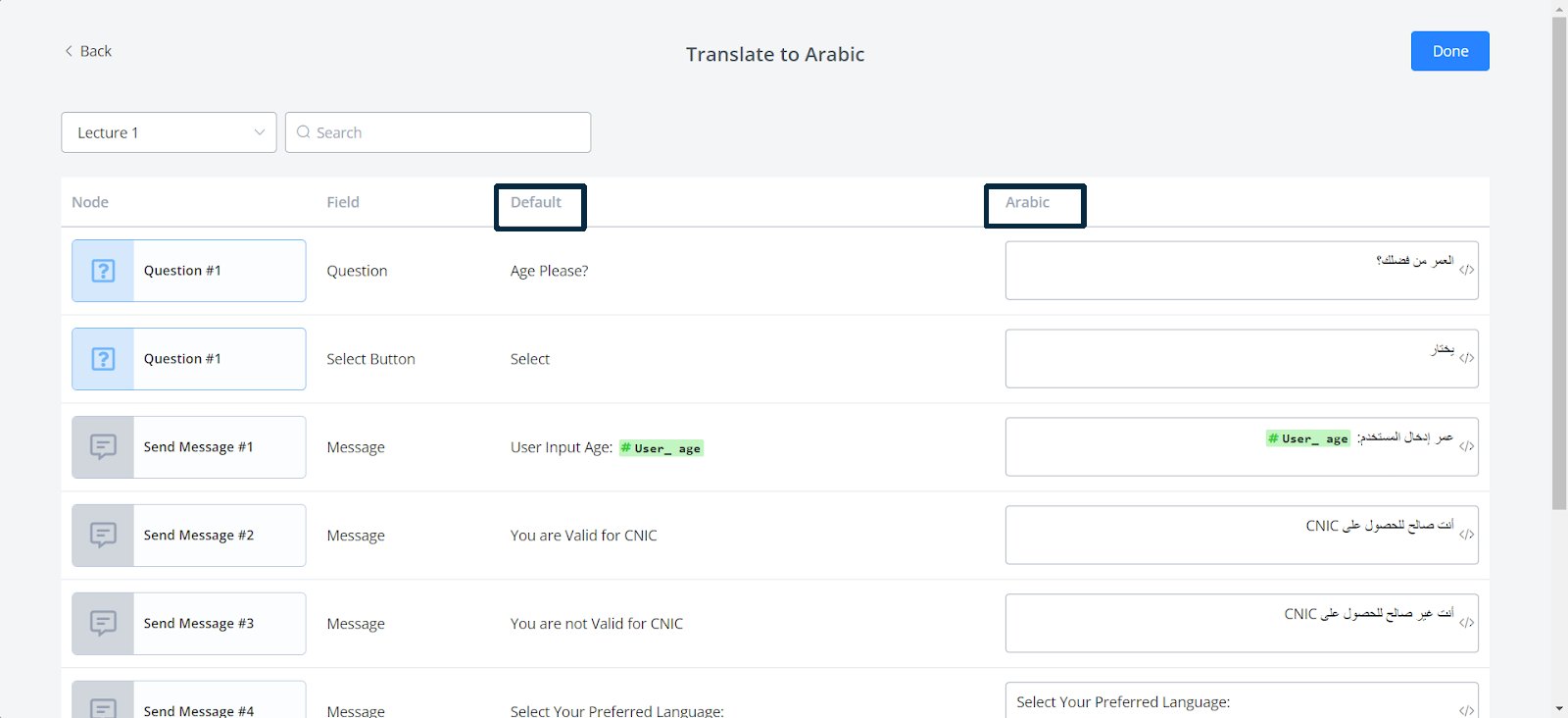 Traducción de cada nodo del flujo