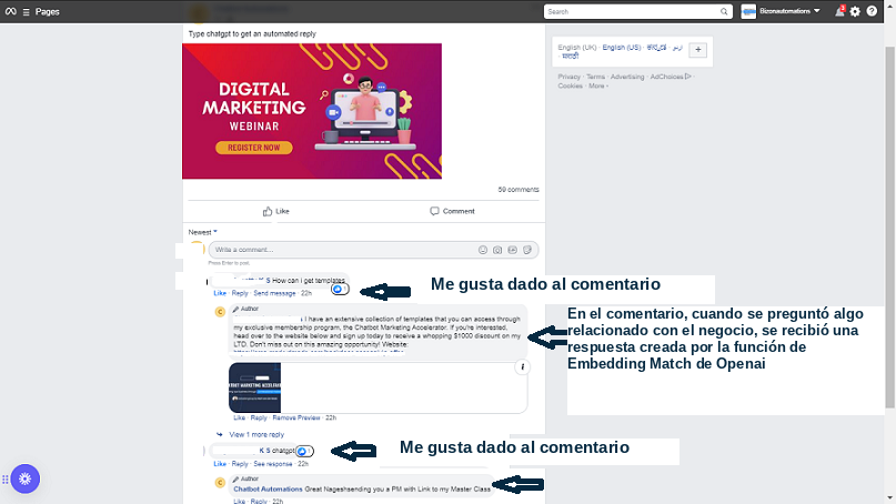 Respuestas automáticas visibles en los comentarios del anuncio