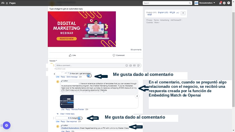 Respuestas automáticas visibles en los comentarios del anuncio