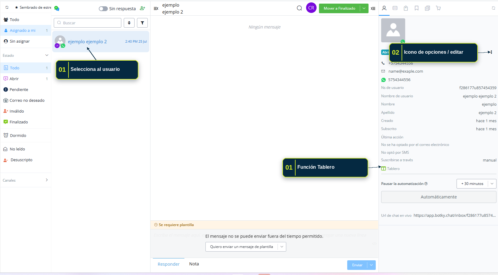 Función de Tablero en el panel derecho del Chat en vivo
