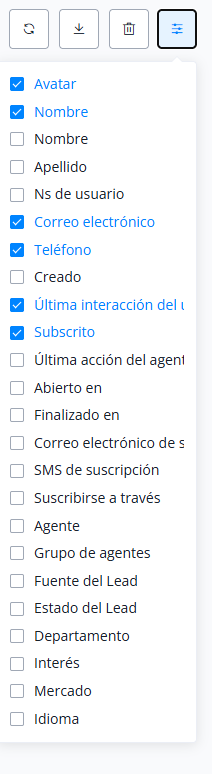 Personalización de campos visibles y su orden en Usuarios del bot