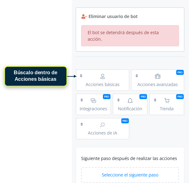 Paso 'Eliminar usuario del bot' dentro de Acciones básicas