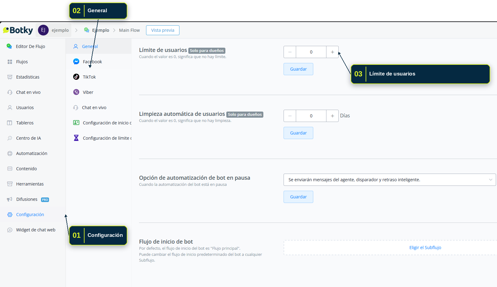 Configuración del límite de usuarios del bot