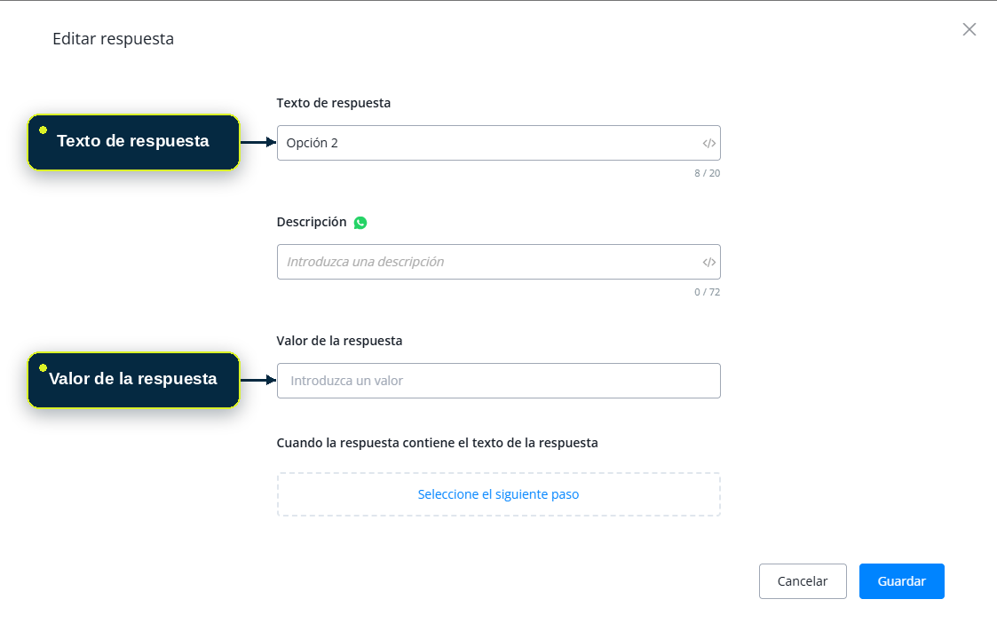 Configuración de respuestas rápidas: texto de respuesta y valor de respuesta