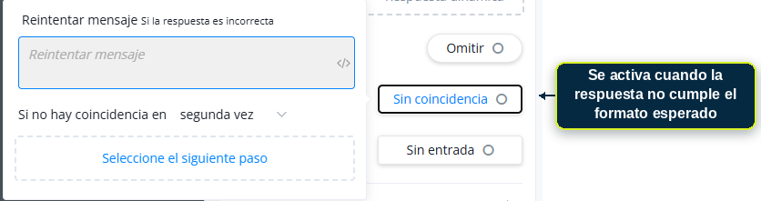 Configuración de 'Sin coincidencia': mensaje de reintento y redirección