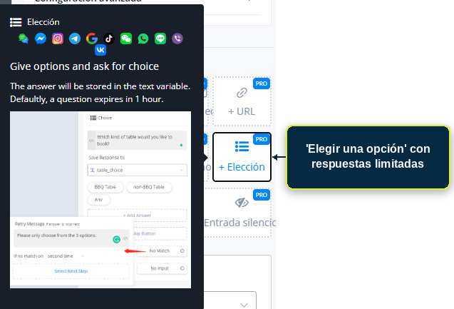 Pregunta de tipo 'Elegir una opción' con respuestas limitadas