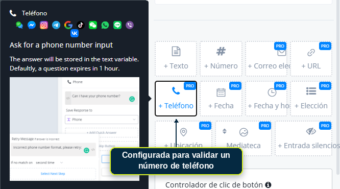 Pregunta configurada para validar un número de teléfono