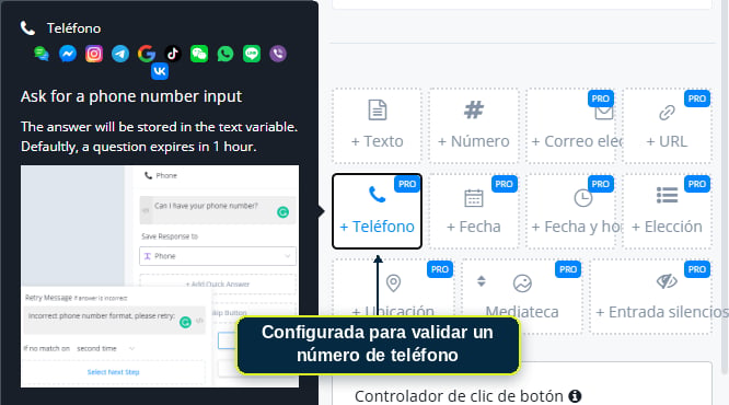 Pregunta configurada para validar un número de teléfono
