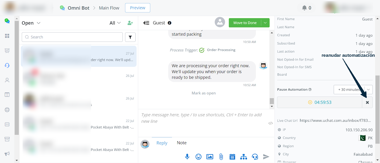 Temporizador de atención con la opción de cerrar (X) para reanudar el bot