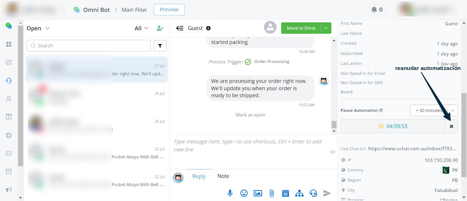 Temporizador de atención con la opción de cerrar (X) para reanudar el bot