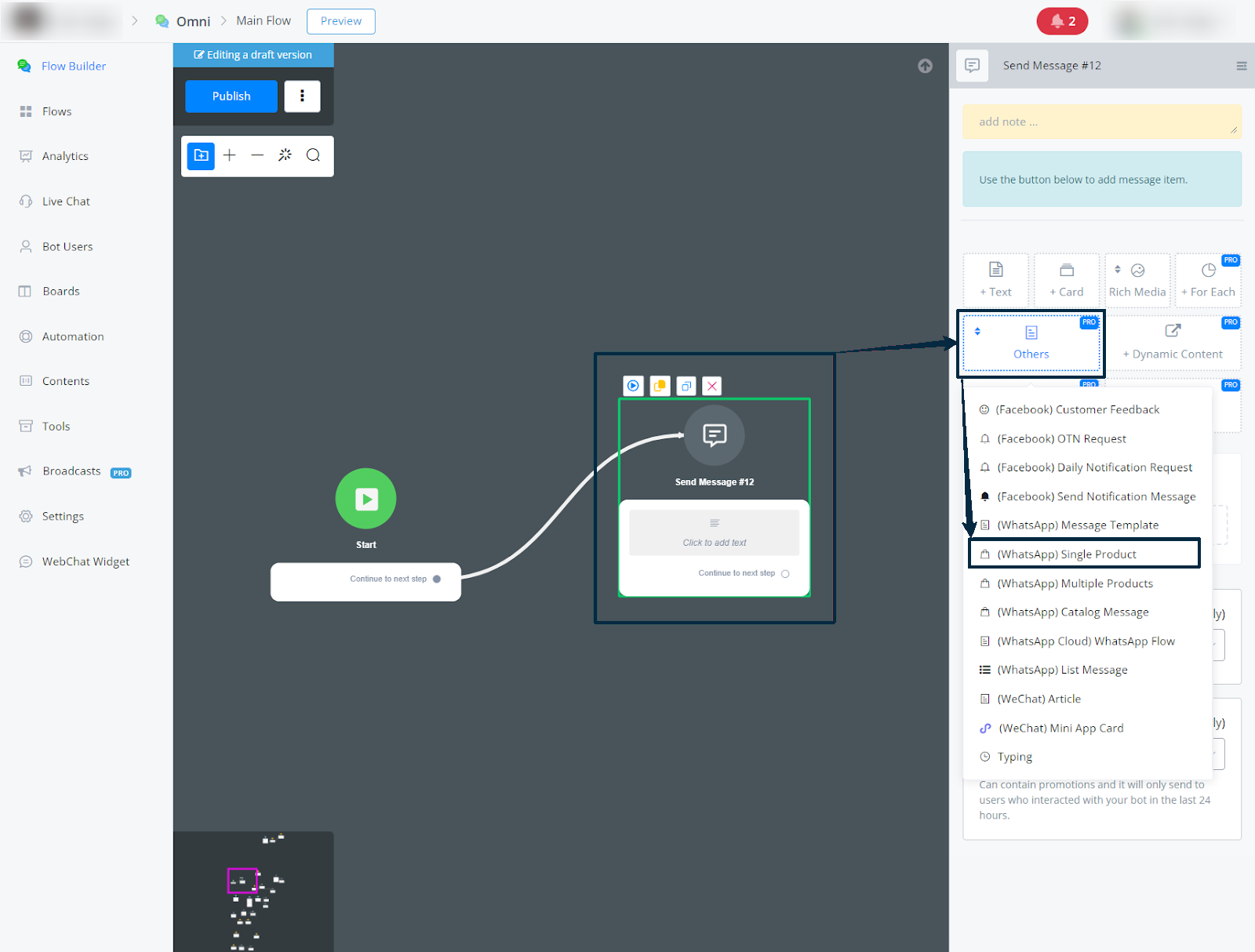 Configuración de mensaje de Producto único