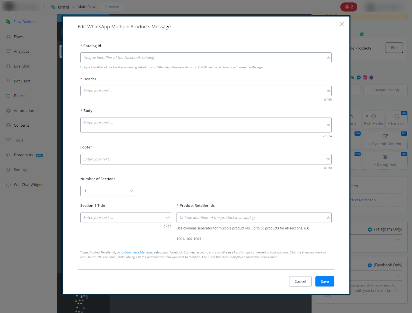 Configuración de mensaje de Múltiples productos