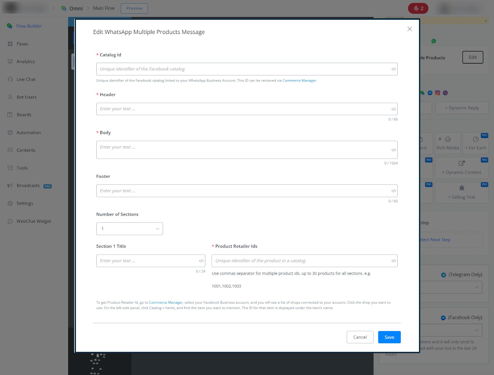 Configuración de mensaje de Múltiples productos