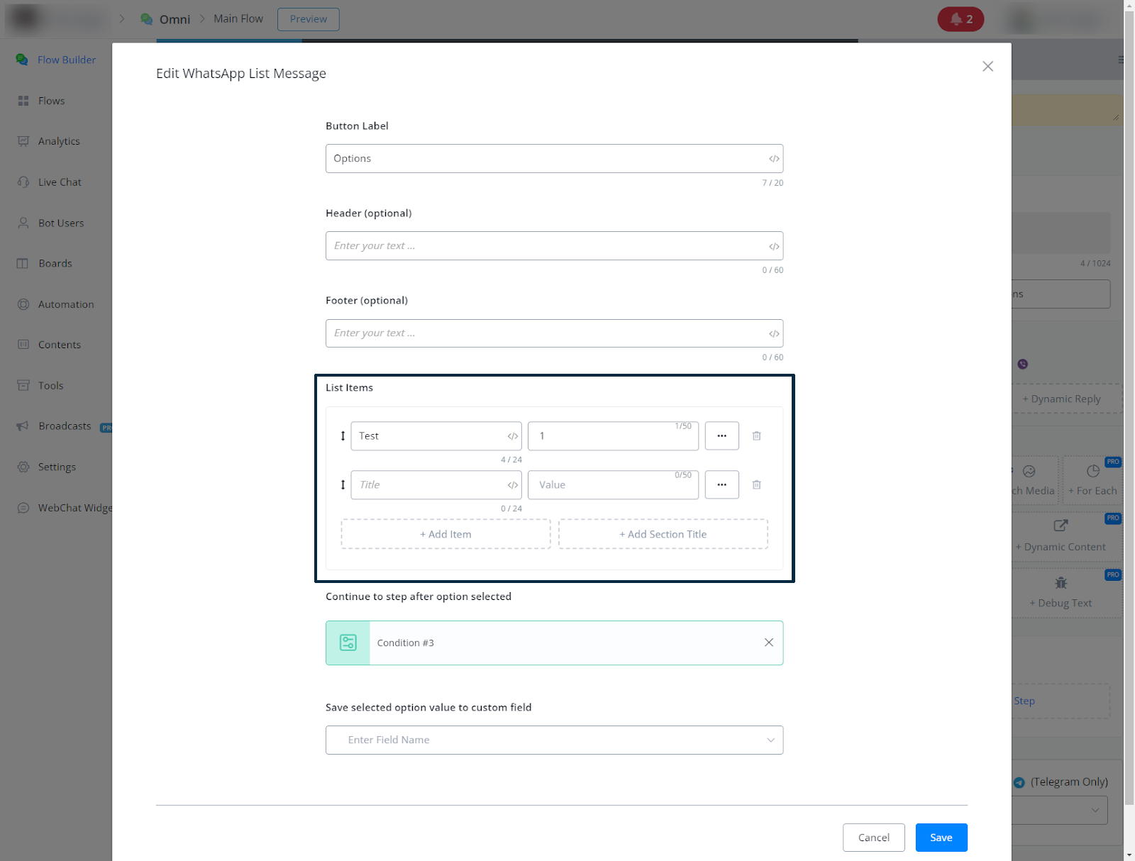 Configuración de Mensaje de lista y sus opciones