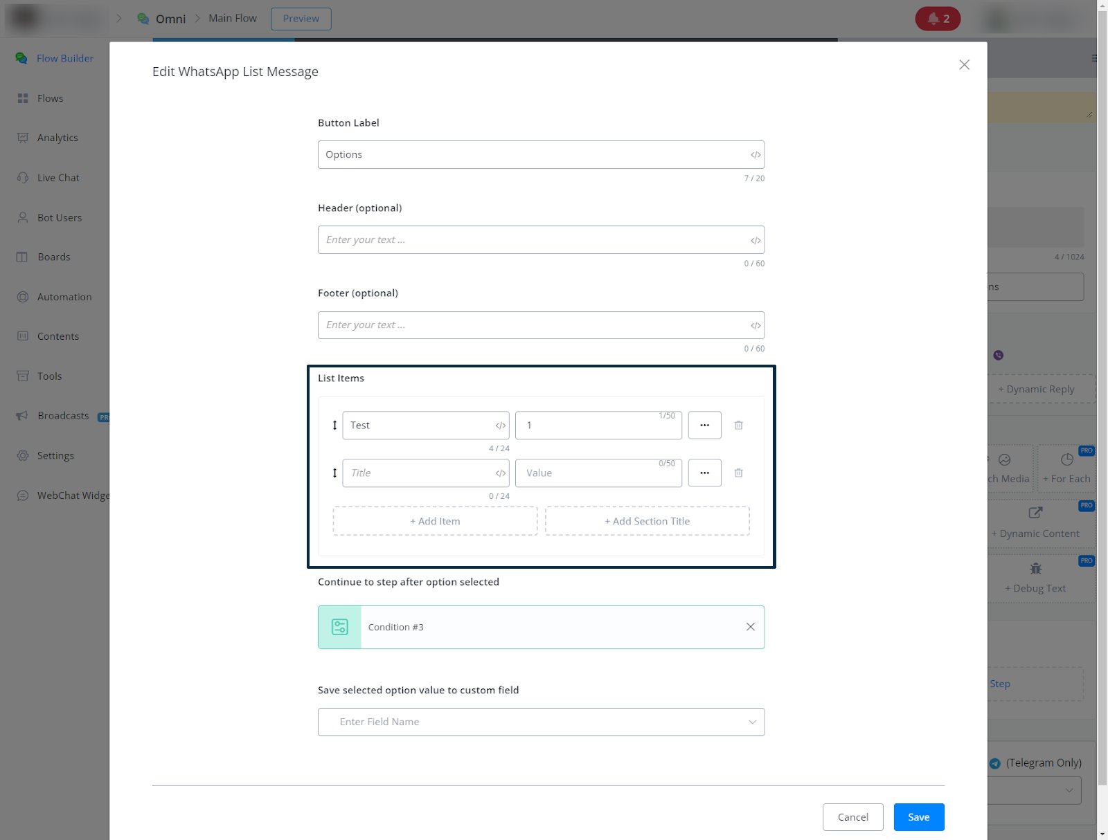 Configuración de Mensaje de lista y sus opciones