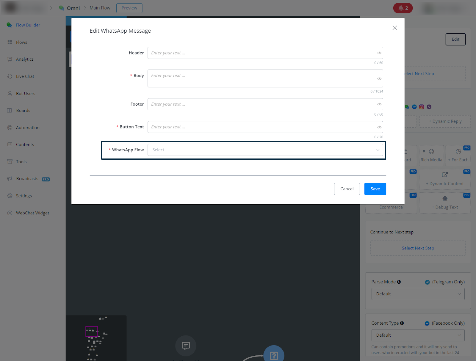 Selector de WhatsApp Flow dentro del nodo de mensaje