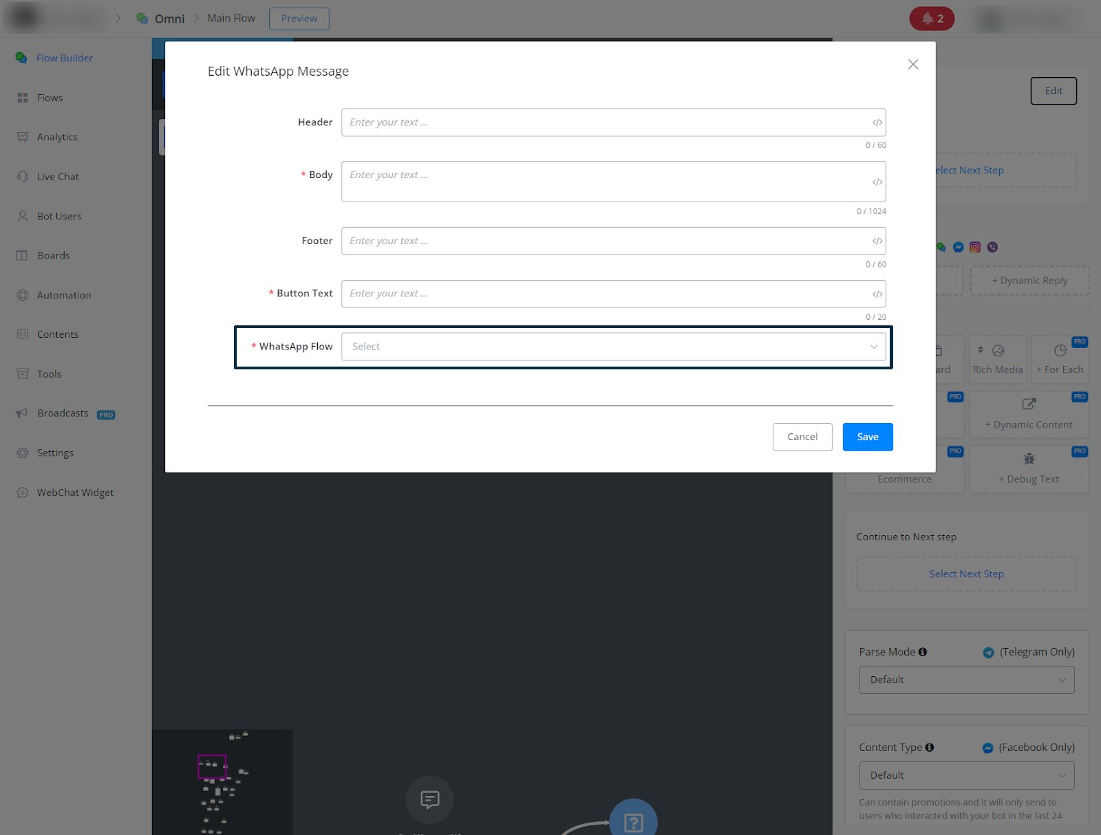 Selector de WhatsApp Flow dentro del nodo de mensaje