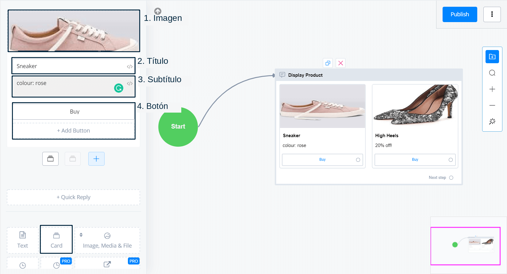 Editor de tarjeta: imagen, título, subtítulo y botón