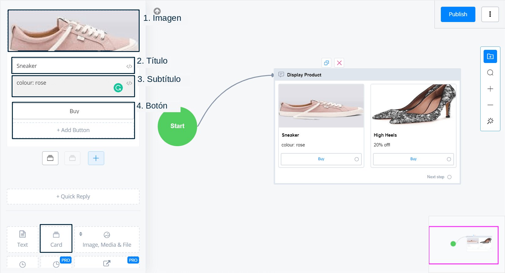 Editor de tarjeta: imagen, título, subtítulo y botón
