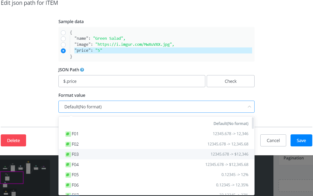 Configuración del bucle 'Para cada uno' seleccionando la variable JSON e ITEM