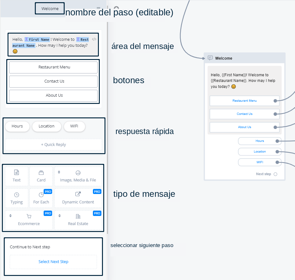 Mensaje de Facebook con botones y quick replies configurados