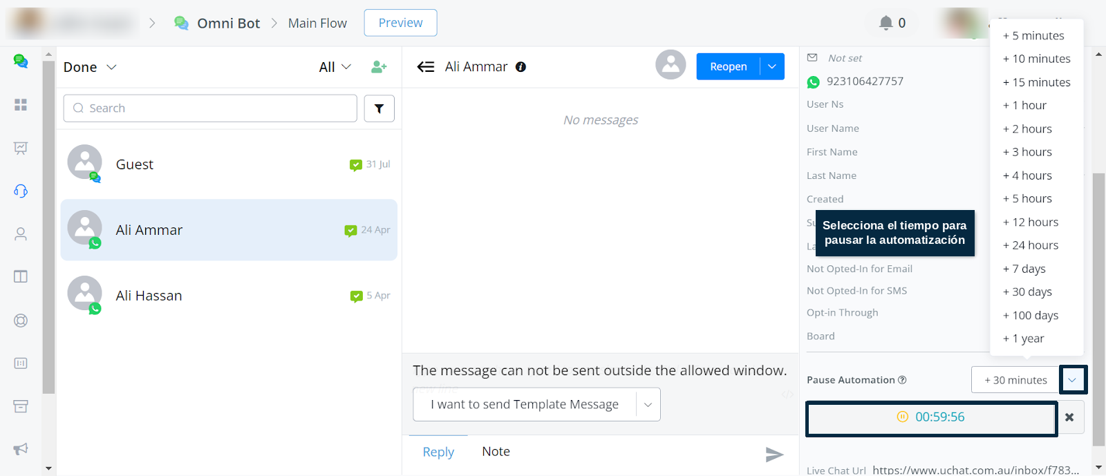Activar la pausa directamente desde Chat en vivo