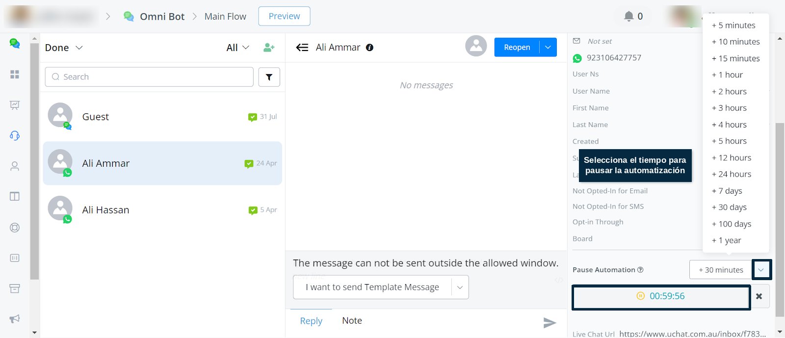 Activar la pausa directamente desde Chat en vivo