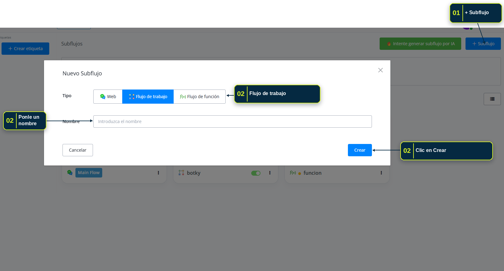 Constructor de flujos mostrando los bloques limitados disponibles en un Flujo de trabajo