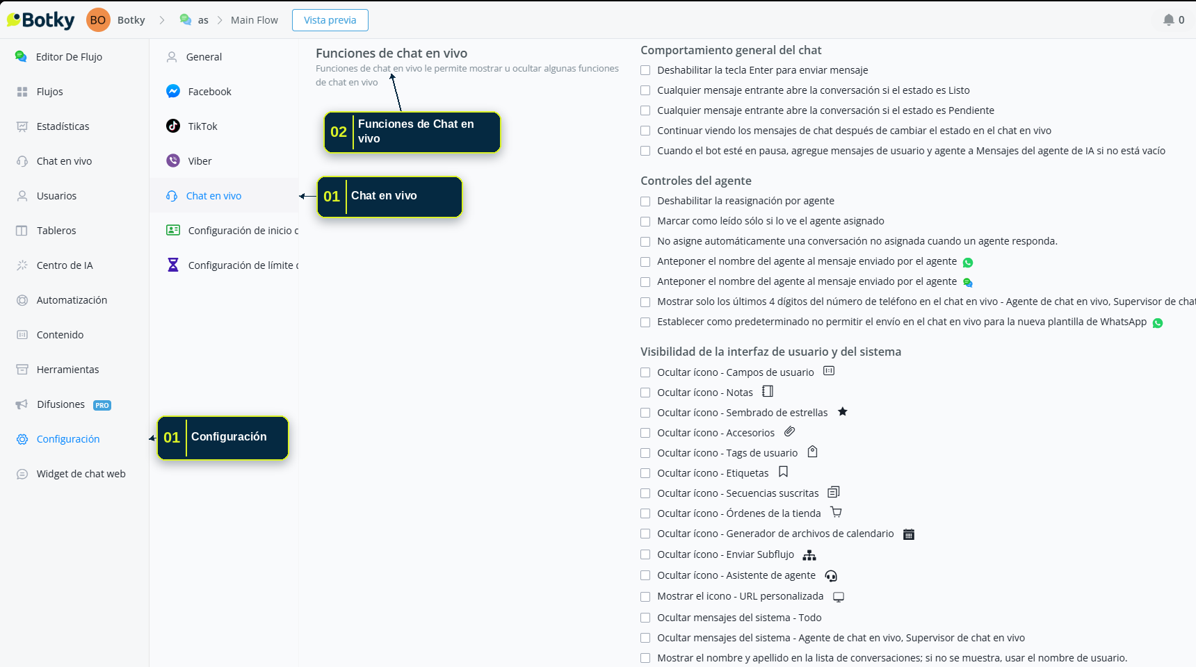 Configuración de 'Funciones de Chat en vivo' en Configuración