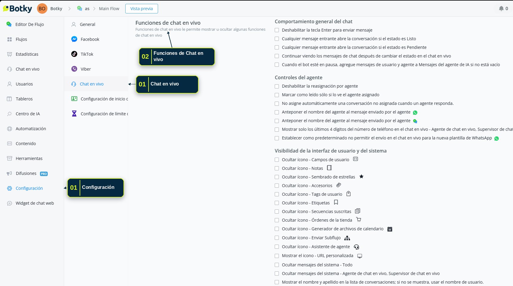 Configuración de 'Funciones de Chat en vivo' en Configuración