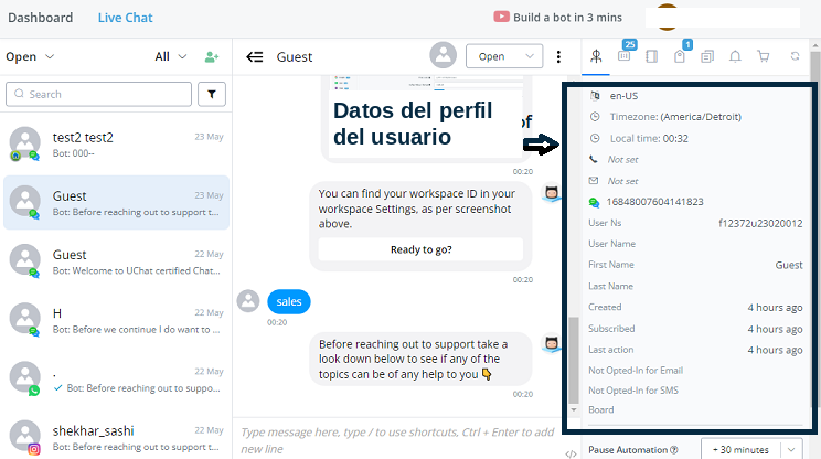 Sección de datos de perfil del usuario