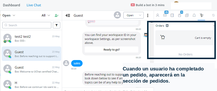 Sección de pedidos de la tienda
