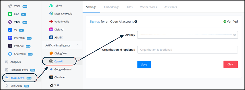 Conexión del proveedor OpenAI en Integraciones