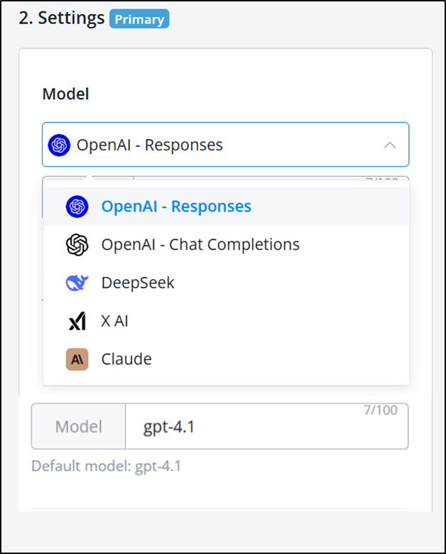 Selección de OpenAI - Responses en los ajustes del agente