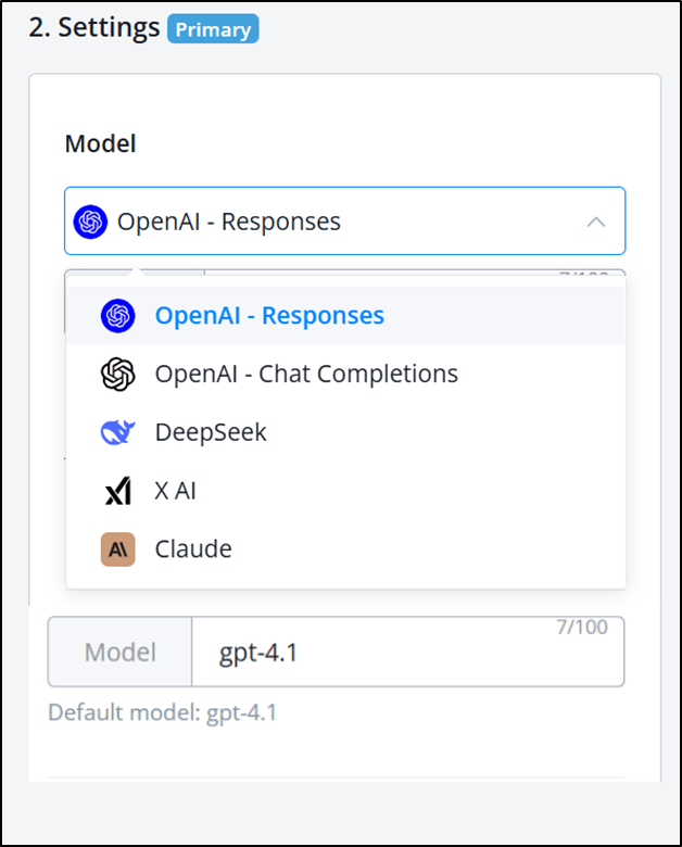 Selección de OpenAI - Responses en los ajustes del agente