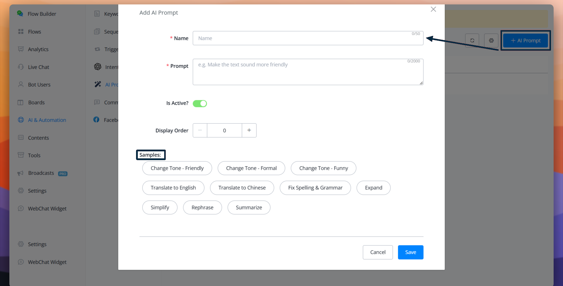 Creación de un nuevo AI Prompt con ejemplos prediseñados
