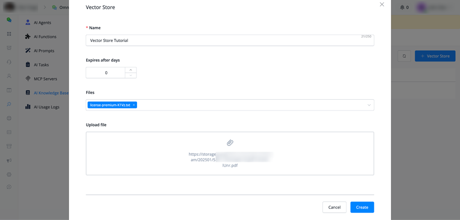 Configuración del Vector Store: nombre, expiración y archivos