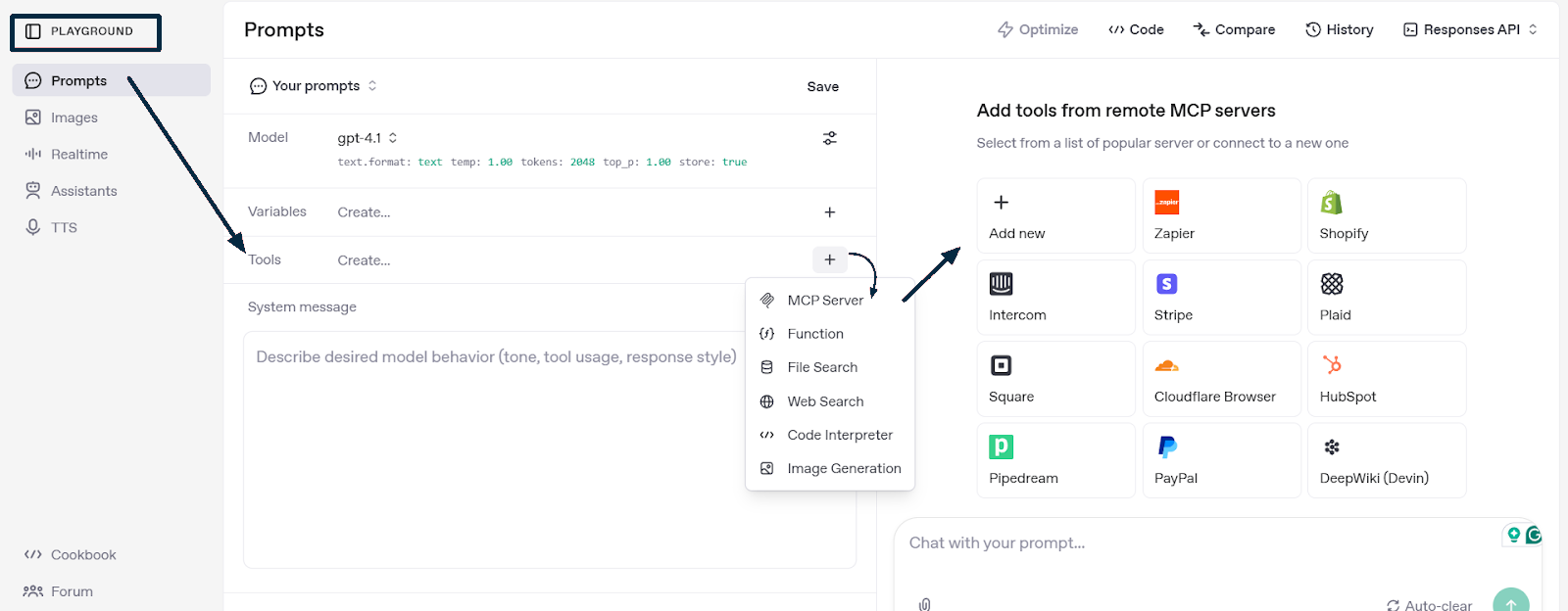 OpenAI Playground → Tools → Add MCP Server