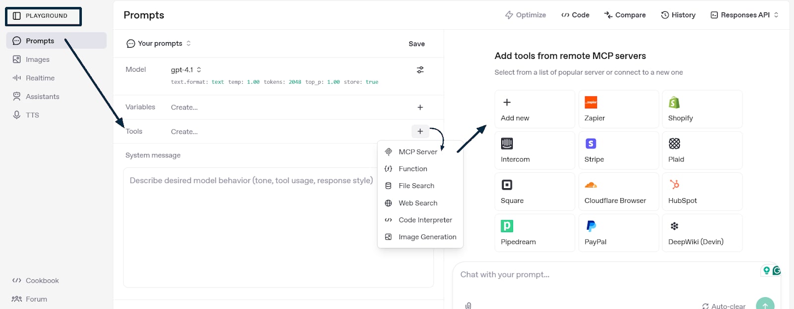 OpenAI Playground → Tools → Add MCP Server