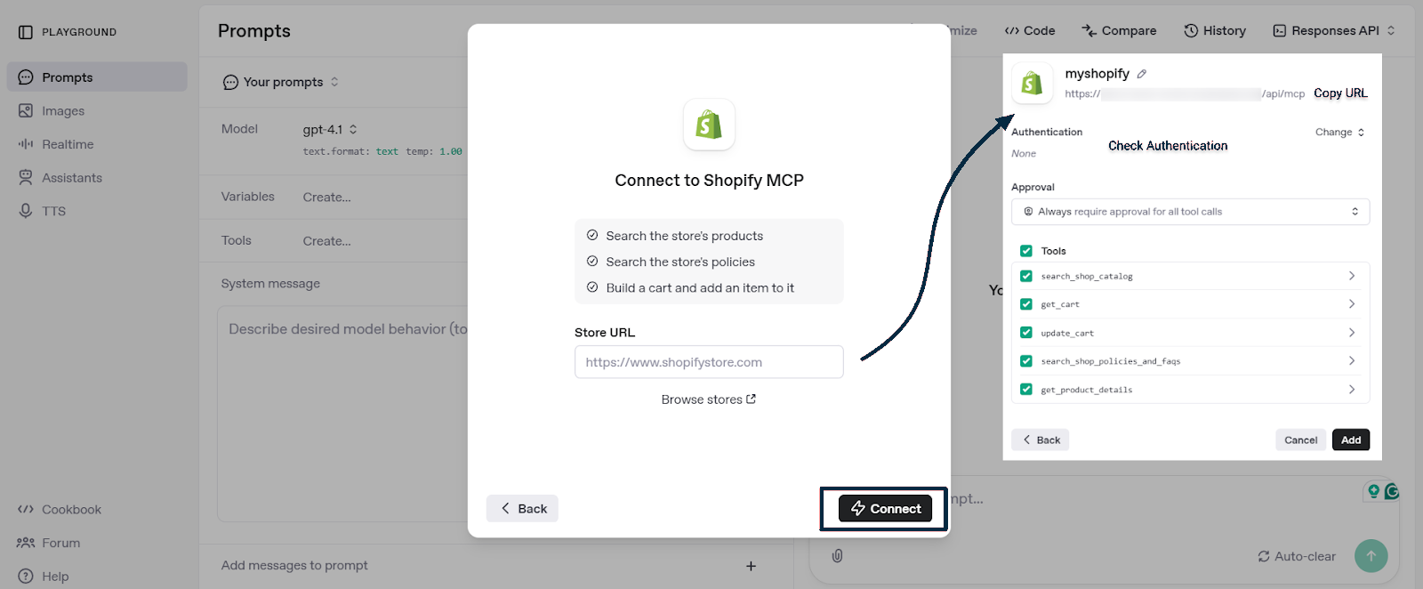 Dashboard de OpenAI con la URL del servidor MCP y las herramientas