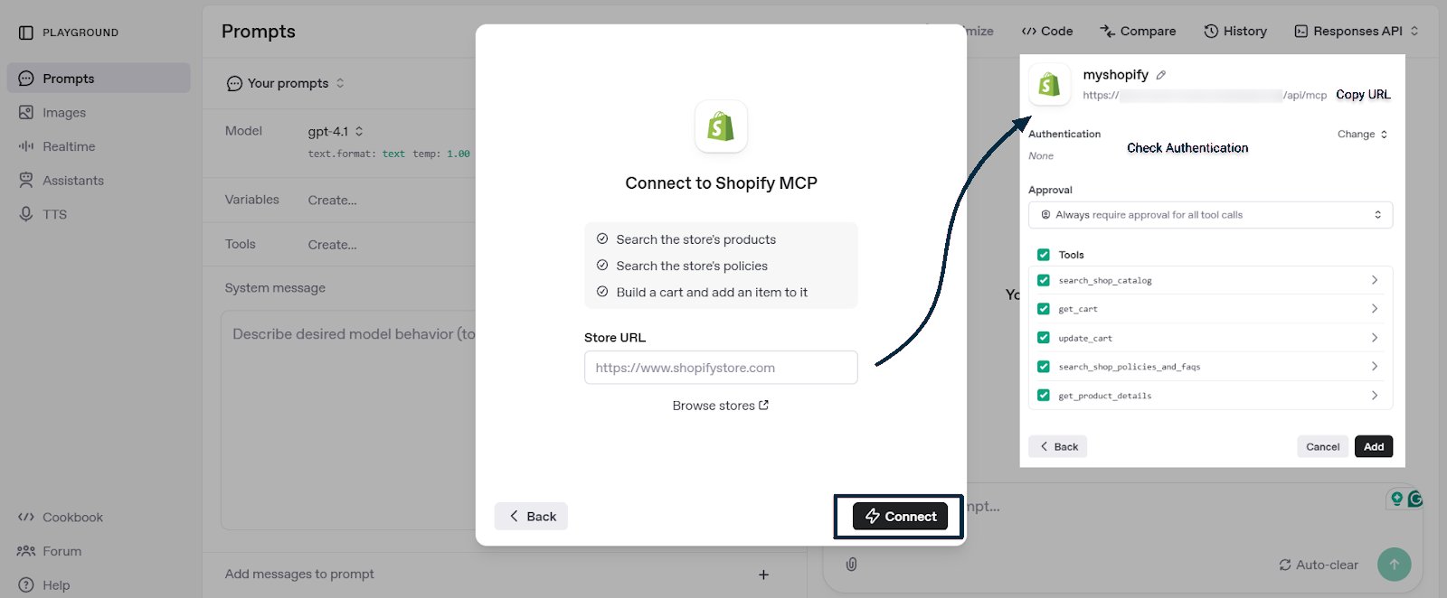 Dashboard de OpenAI con la URL del servidor MCP y las herramientas