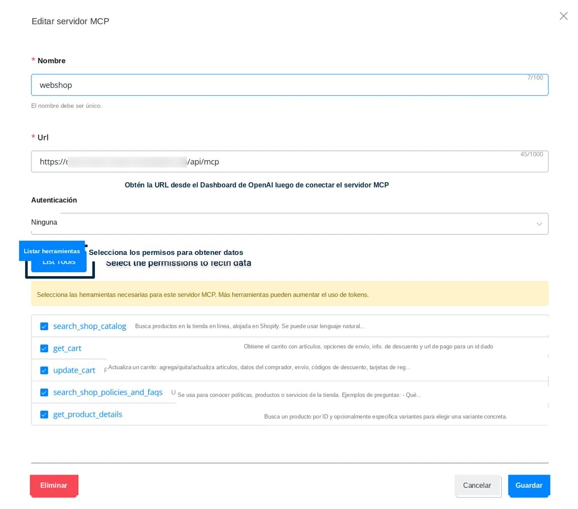 Agregar un servidor MCP con nombre, URL y autenticación