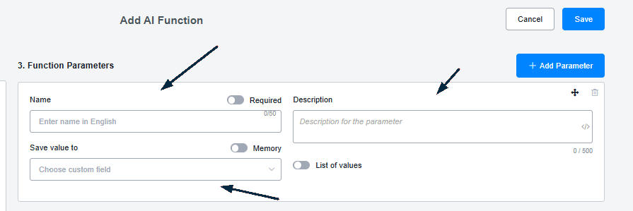 Configuración de una Función de IA: valores a capturar y workflow
