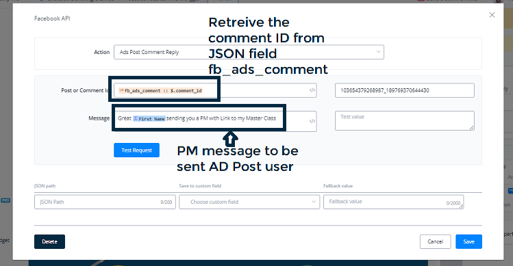 Acción Ads Post Comment Reply de la Facebook API