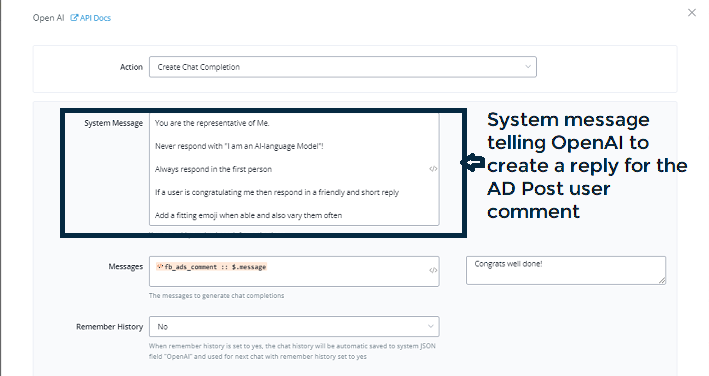 Create Chat Completion para la rama de saludo (< 0.8)