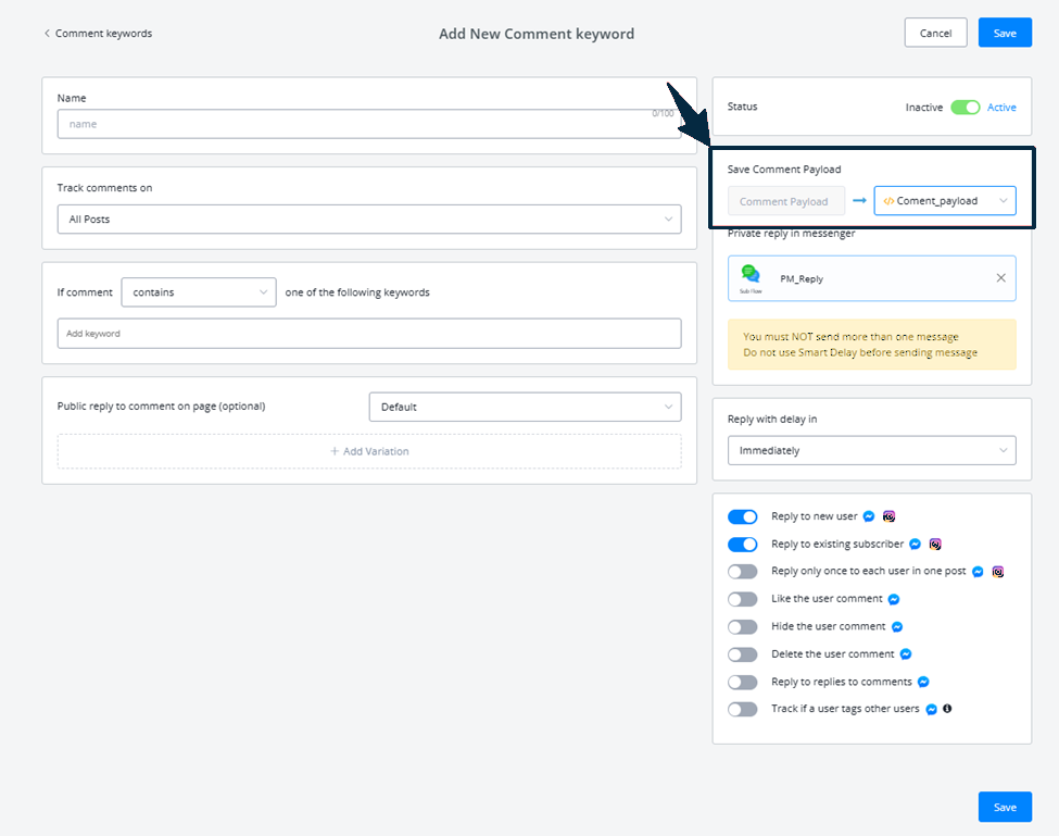 Opción de guardar el payload del comentario en una variable JSON