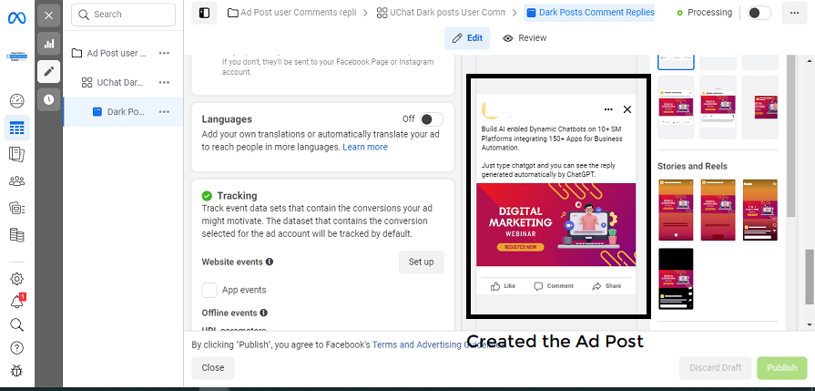 Creación de la publicación del anuncio en Ads Manager