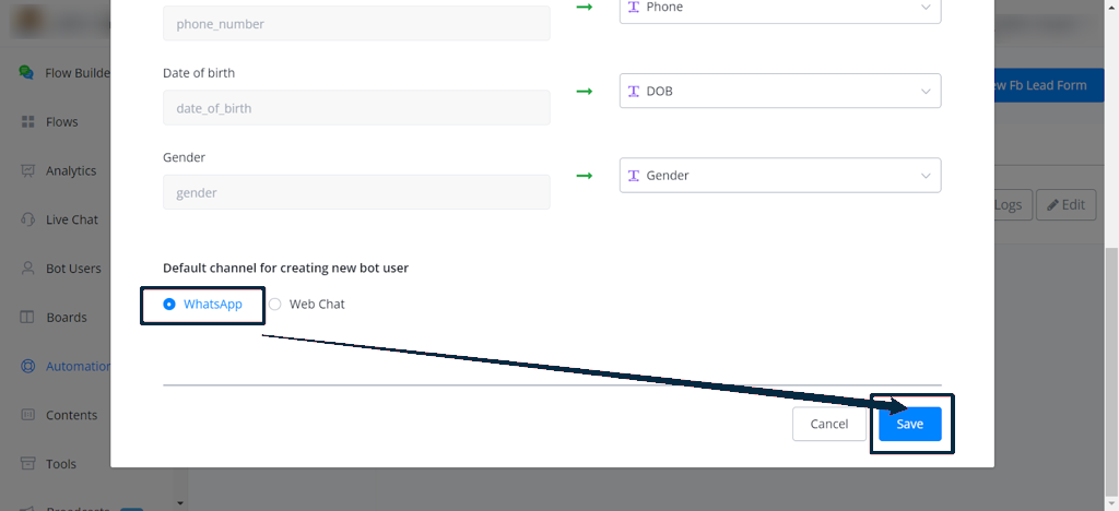 WhatsApp como canal por defecto al agregar el formulario