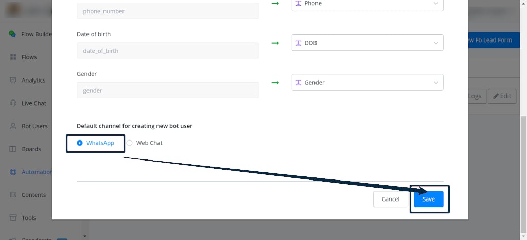 WhatsApp como canal por defecto al agregar el formulario